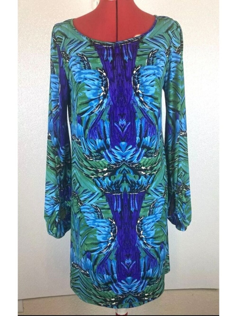 Womens Size 6 Blue Green Bold Abstract Print Long Sleeve Modest Dress